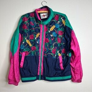 Vintage Active Frontier Navy Green Pink Long Sleeve Zip Front Windbreaker Sz L